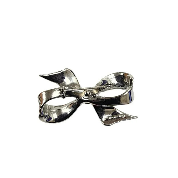 Vintage 60s-70s Blue Crystal Striped Bow Brooch Pin Silver Tone - Picture 2 of 2